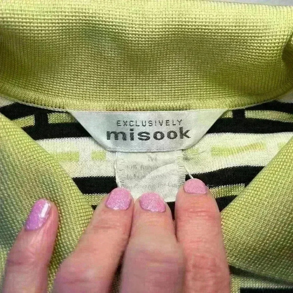 MISOOK Knit Zip Collared Sweater Cardigan Jacket Green Black White Dash Women M - Picture 2 of 10